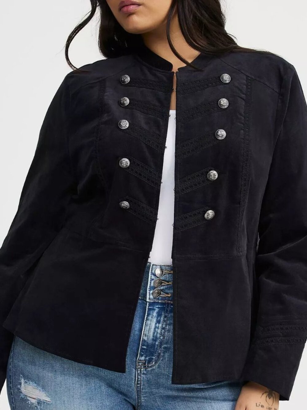 Torrid 1 1X 14-16 Deep Black Woven Velvet Military Jacket Double-Breasted Peplum - Picture 2 of 9
